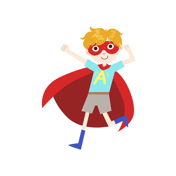 Junge im Superheldenkostüm mit rotem Umhang — Stockvektor