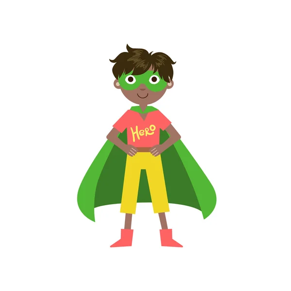 Kid In Superhero Costume With Green Cape — Stock Vector