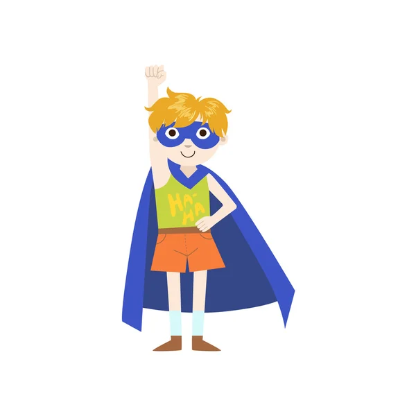 Kid In Superhero Costume With Blue Cape — Stock Vector