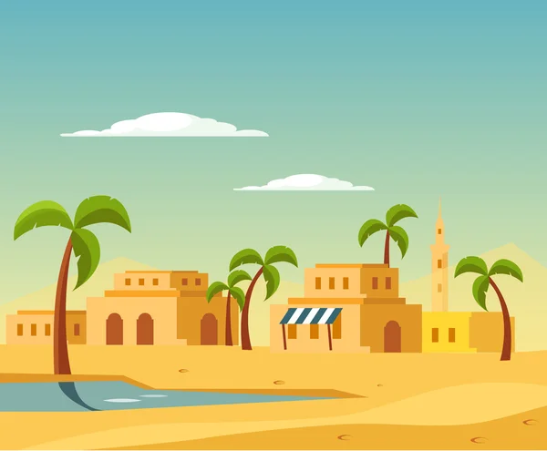 Oasis con la ciudad en el desierto — Vector de stock