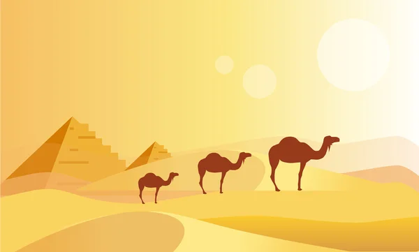 Camel Caravan And Pyramides — Stock Vector