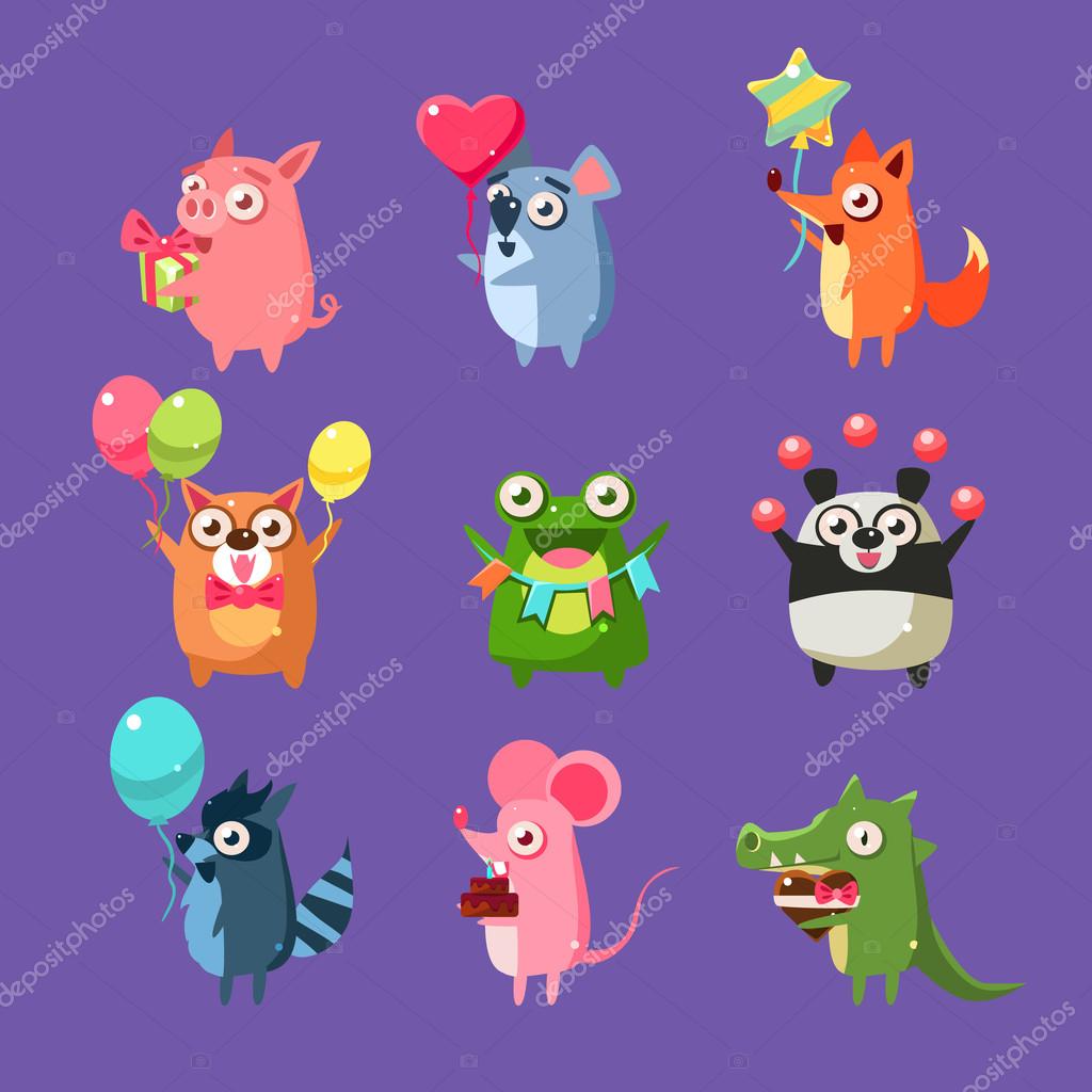 Animali alla festa di pleanno — Vettoriali Stock © TopVectors Animali al pleanno insieme del partito di colore piatto luminoso bambinesco cartone animato disegno vettoriali isolati su priorit bassa viola
