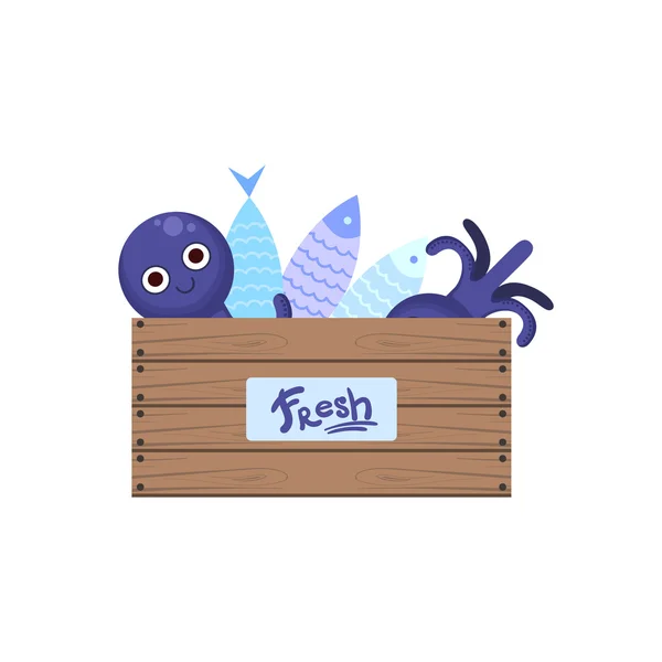 Krat met vis en zeevruchten — Stockvector