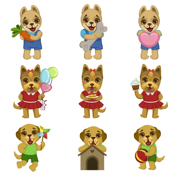 Conjunto de desenhos animados bonito cão — Vetor de Stock