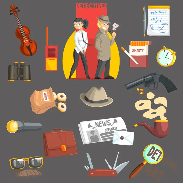 Detectives And Their Equipment Objects Set — Stock Vector