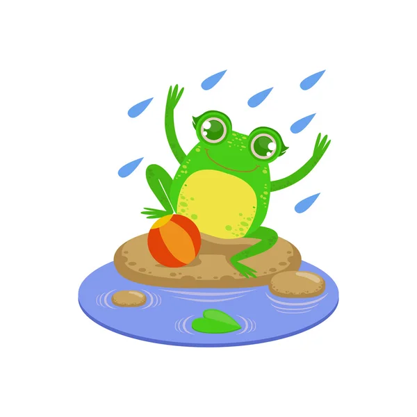 Personaje de rana de dibujos animados jugando bajo la lluvia — Vector de stock