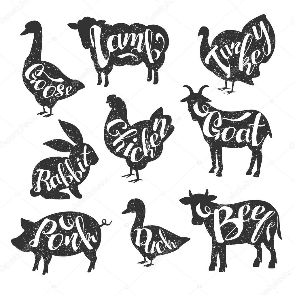 Farm Animals Vintage Stamp Collection Of Monochrome Vector Design Labels On White Background