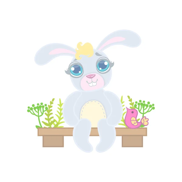 Bunny sentado en el banco del jardín — Vector de stock