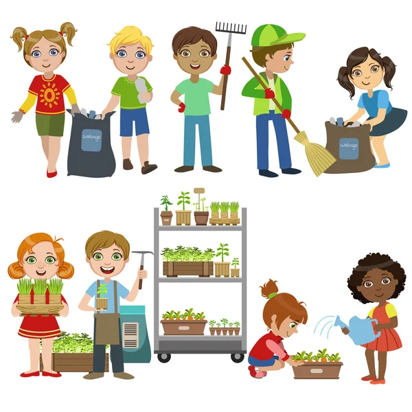 Jardinería y recogida de niños — Vector de stock