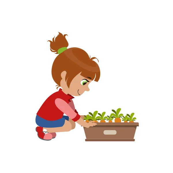 Niña cultivando zanahorias — Vector de stock