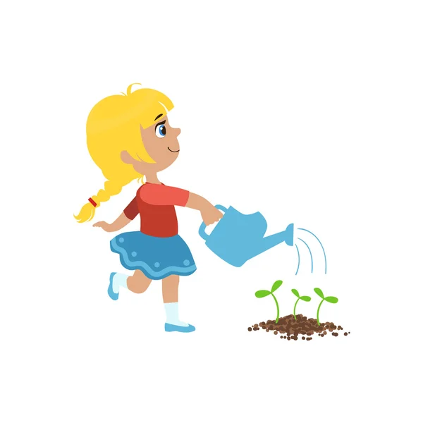 女の子は、花壇の水遣り — ストックベクタ