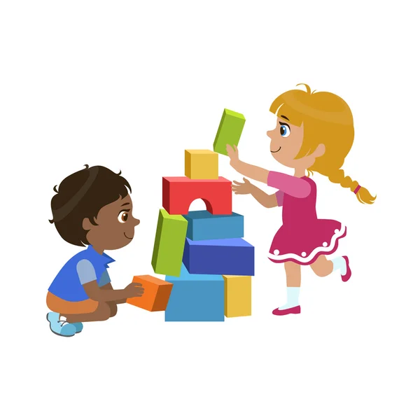 Niños jugando ladrillos — Vector de stock