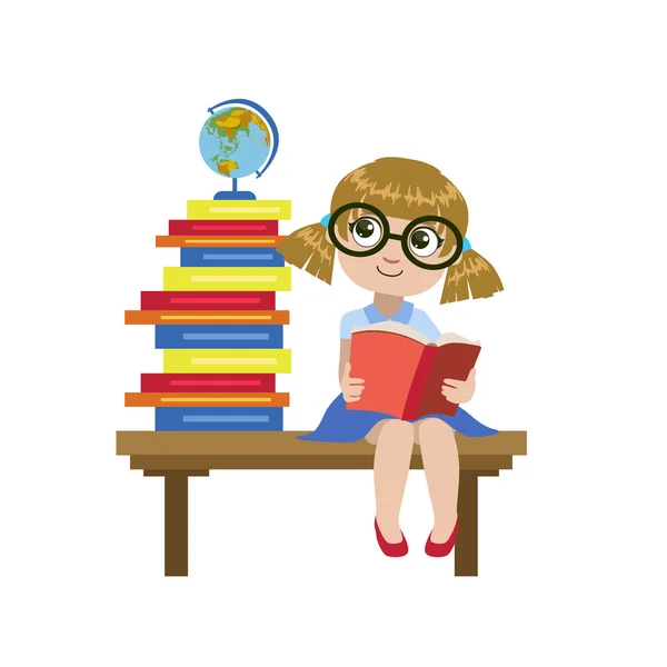 Girl Sitting On The Desk Reading A Book — Stock Vector