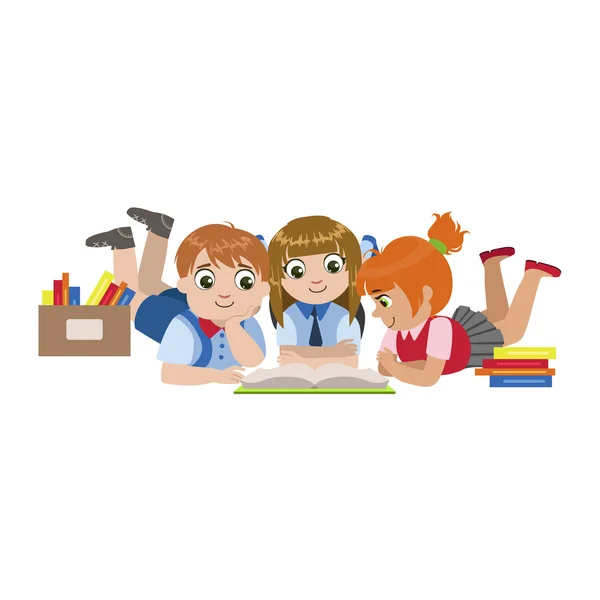 Niños acostados en el suelo leyendo — Vector de stock