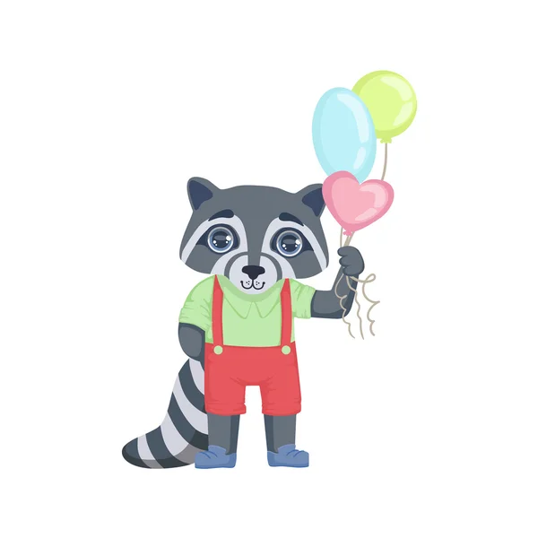 Niño mapache con globos — Vector de stock