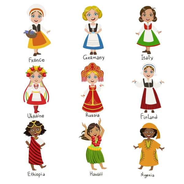 Conjunto de chicas con trajes nacionales — Vector de stock