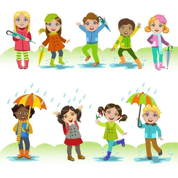 Children Enjoying The Rain — Stock Vector