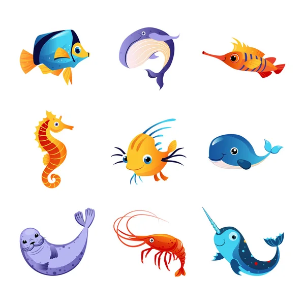 Juego de animales marinos coloridos — Vector de stock