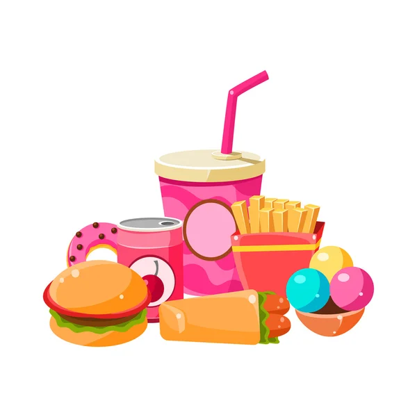 คอลเลกชันอาหารจานด่วน ภาพประกอบสีสันสดใส — ภาพเวกเตอร์สต็อก