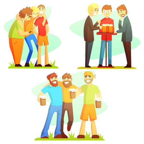 Man Friendship Three Colorful Illustrations — Stock Vector