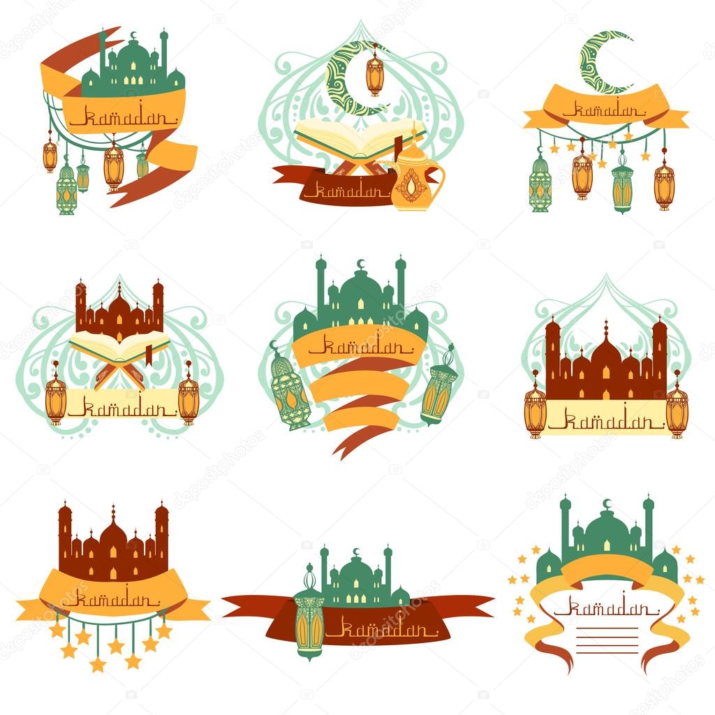 Ramadan Label Set Of Stickers With Islam Symbols In Detailed Artistic Flat Vector Design On White Background