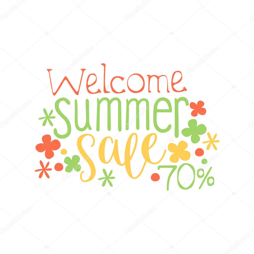 Welcome Summer Sale Colorful Ad. Colorful Summer Beach Holiday Promotion Banner. Cool Calligraphic Hand Drawn Vector Advertisement For Travel Agency.