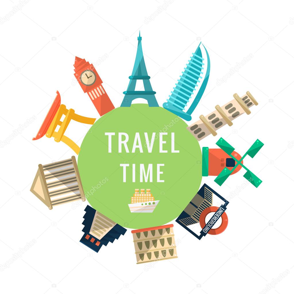 Travel Time Logo With Famous Buildings. World Capitals Symbolic Buildings Around The Text Flat Illustration. Flat Cartoon Style Drawing With Travelling Destinations.