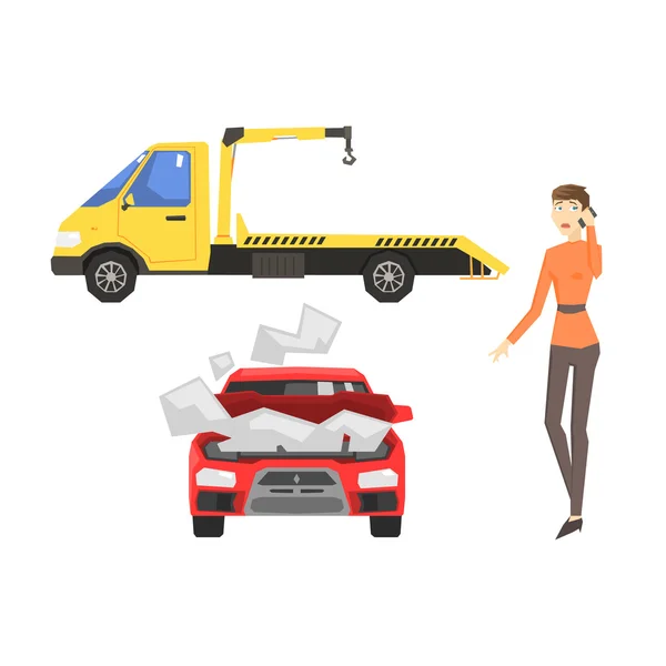 Broken Car And Woman Calling Evacuator — Stock Vector