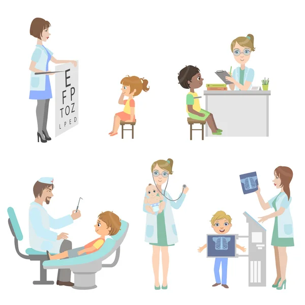 Crianças em check-up médico definido —  Vetores de Stock