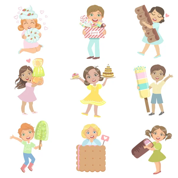 Crianças com coleção de doces gigantes —  Vetores de Stock