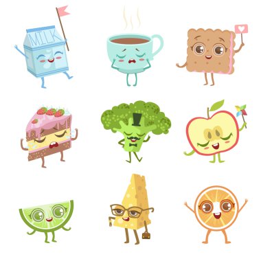 Farklı Gıda Çocuksu Karakterler Duygu Seti
