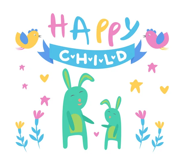 Feliz niño telón de fondo ilustración con conejos — Vector de stock