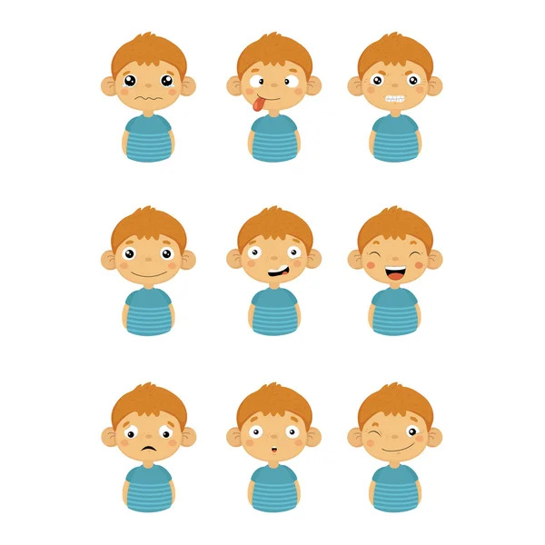 Ícones do retrato do menino novo com emoções diferentes —  Vetores de Stock