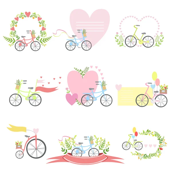 Meddelande mall Set med cyklar och hjärtan — Stock vektor