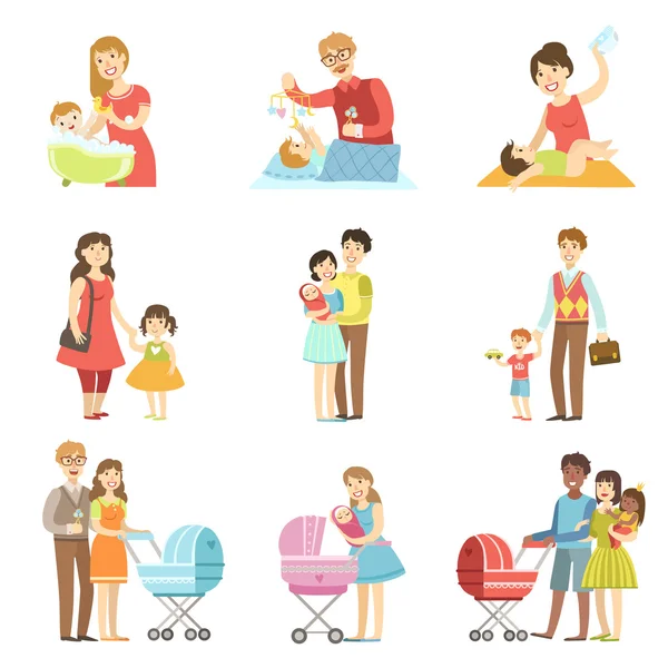 Familles heureuses avec enfants et bébés — Image vectorielle