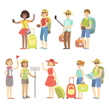 Mutlu turist ile çanta ve kameralar koymak