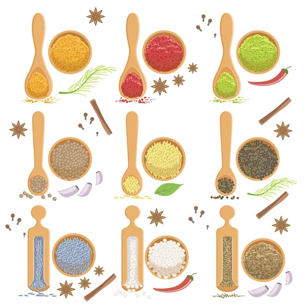 Powdered Spices Bowl And Corresponding Spoon Set — Stock Vector