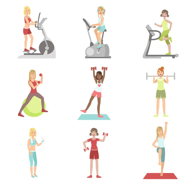 妇女在健身房训练设置 — 图库矢量图片