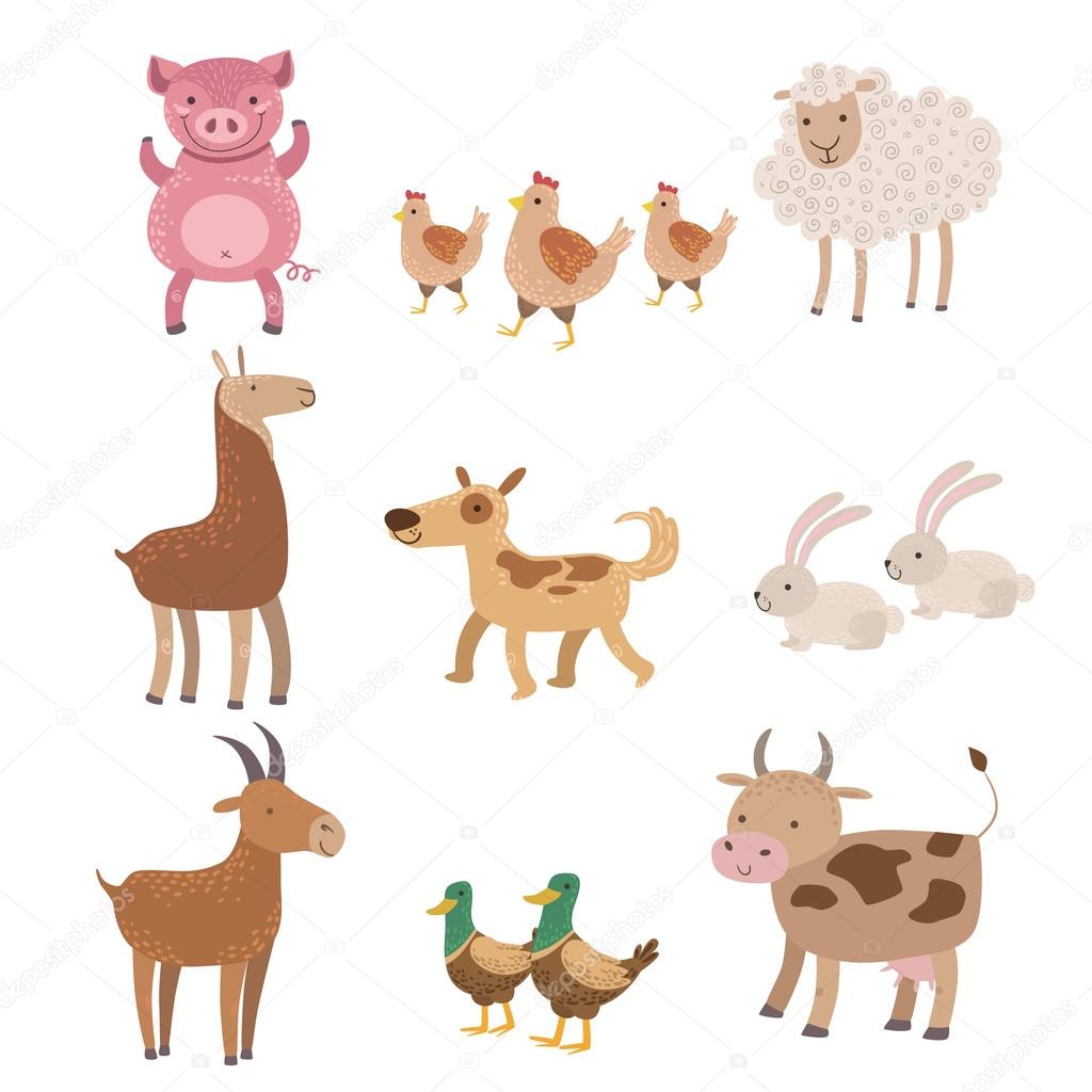 Farm Animals Set di disegni piatto infantile sveglio stilizzato di vettore isolato su priorit  bassa bianca — Vettoriali di TopVectors