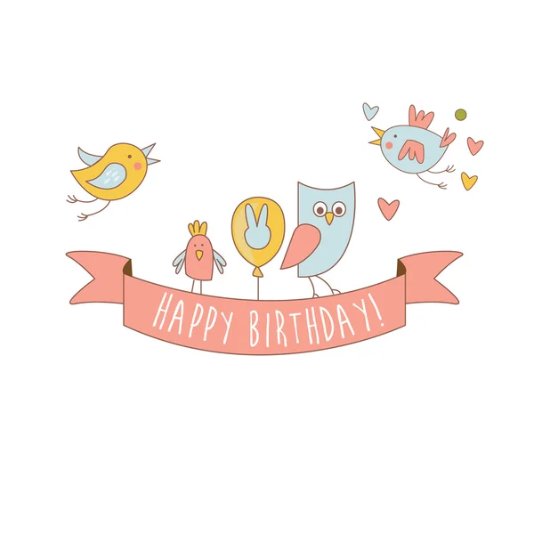 Birds On Happy Birthday Party Banner — Stock Vector