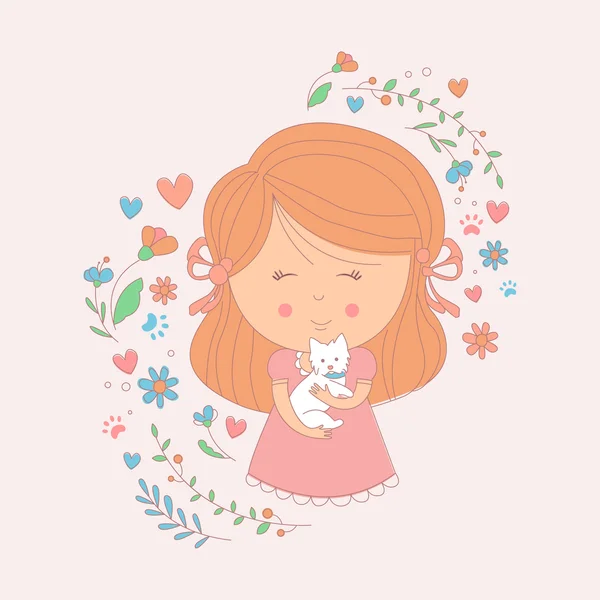 Chica sosteniendo un pequeño perro blanco — Vector de stock