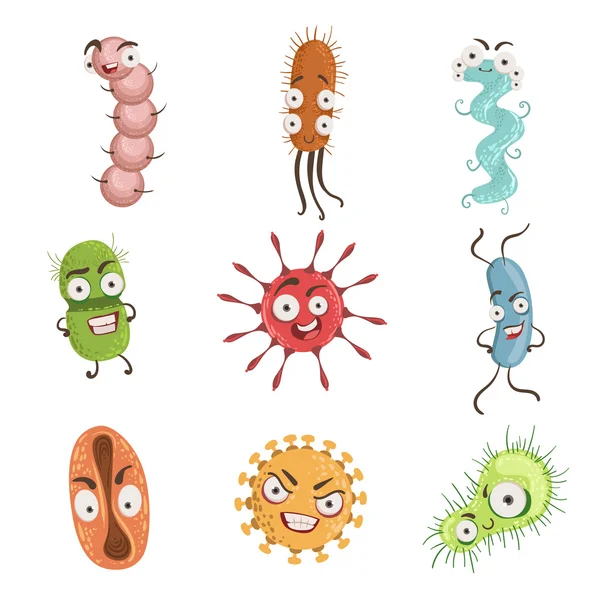 Virus y Bacterias Personajes de dibujos animados conjunto — Vector de stock