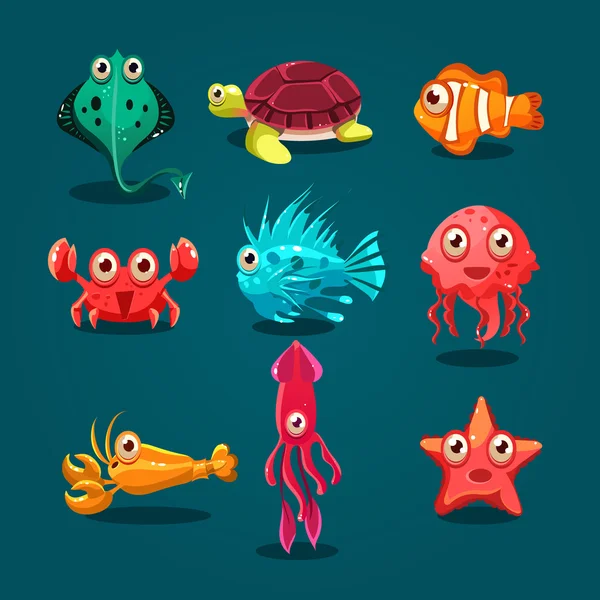 Cute Sea Life Creatures Cartoon Animals Set