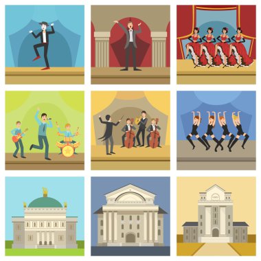 Theatre Buildings And Stage Perfomances Icons clipart
