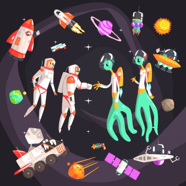 Astronotlar uzayda dünya dışı varlıklar ile el çevrili seyahat tarafından ilgili nesneler