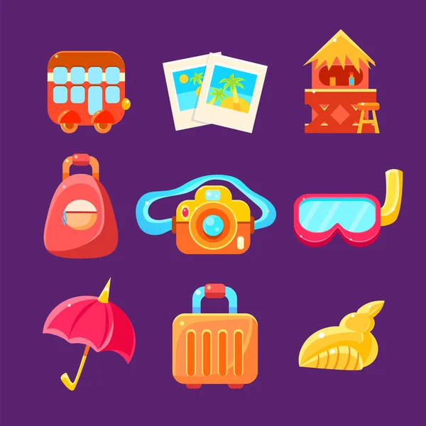Viajar objetos relacionados Coloridos iconos simplificados — Vector de stock