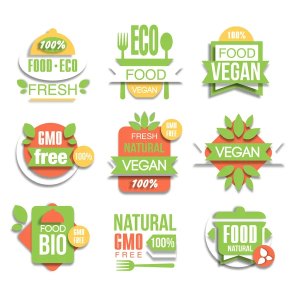 Healthy Vegan Organic Food Promo Sign Set — Stock Vector