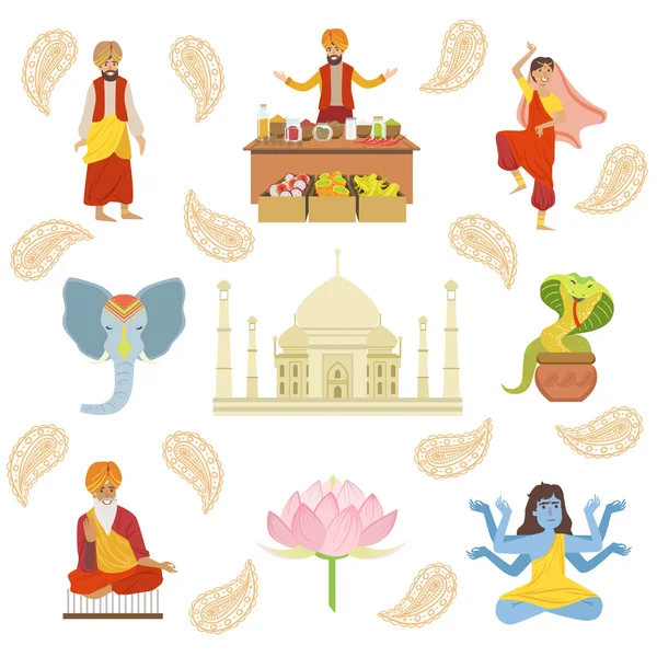 Yoga, Taj Mahal y otros dibujos de símbolos culturales indios — Vector de stock