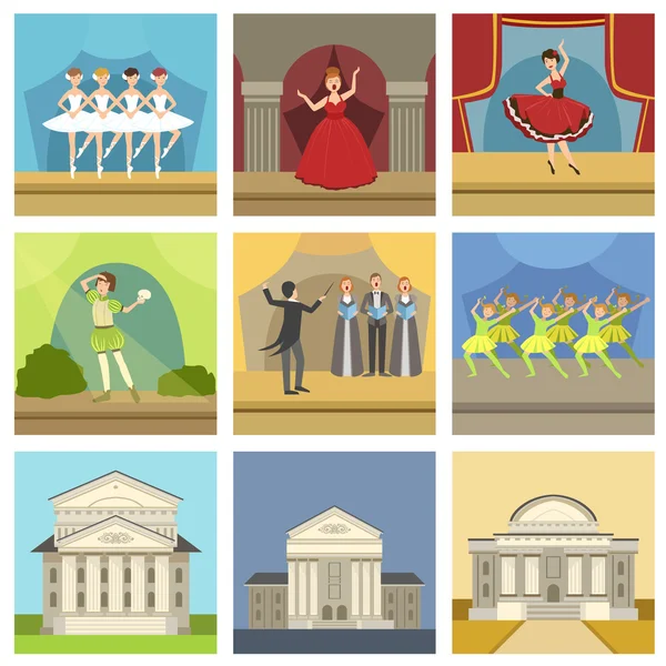 Edificios de teatro y escenario Perfomances Set — Vector de stock