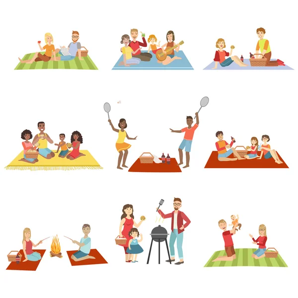 Familias en el picnic al aire libre — Vector de stock